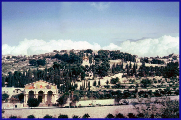 Three famous Jerusalem churches: Church of All Nations, Church of Mary Magdalene, and the white-brown domed Dominus Flevit and Garden of Gethsemane on eastern side of Jerusalem